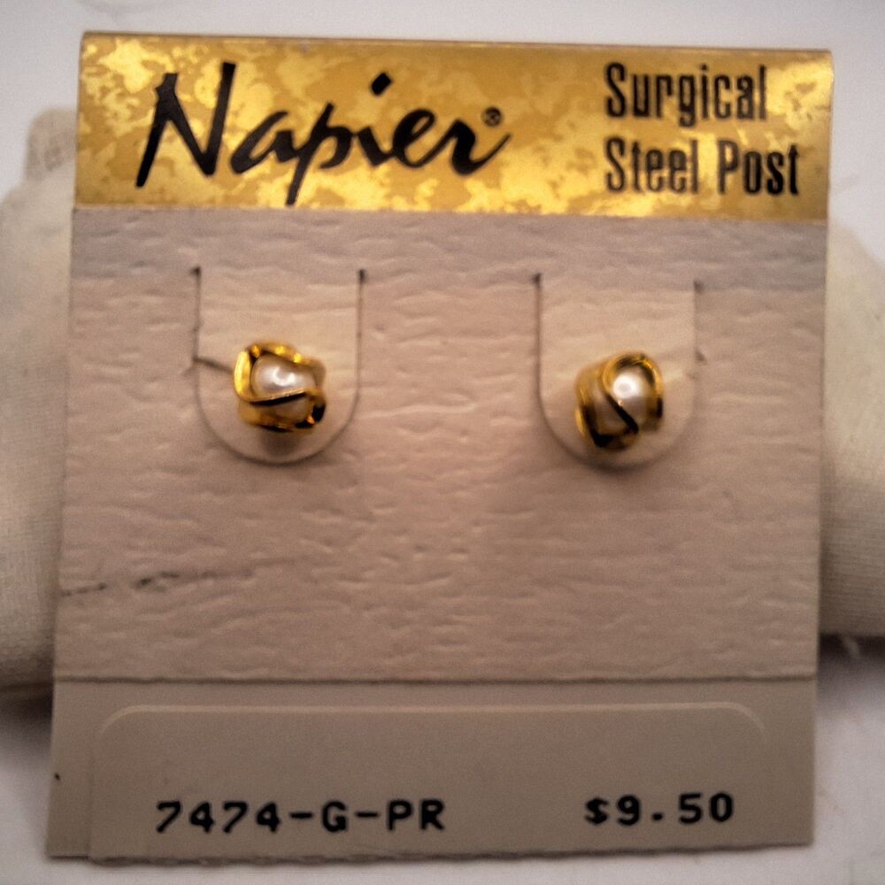 Vintage Napier Goldtone wired Caged Faux Pearl Surgical Steel Stud Earrings